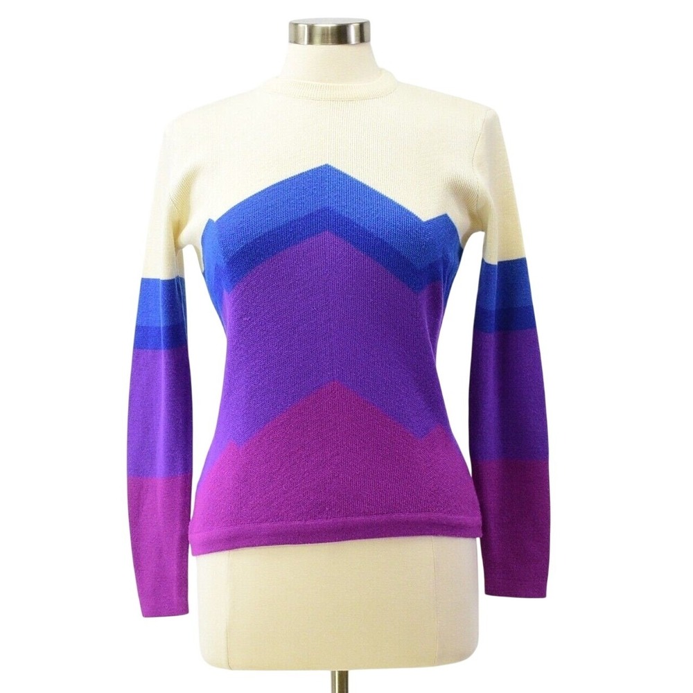 70s Vintage Wool Geometric Sweater Womens S Purple Blue Cream Fitted Knit Top
